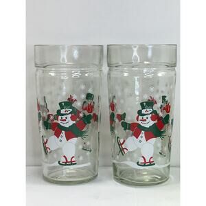 Snowman Glasses 2 Vintage Thick-Walled Drinking Tumblers Skating Snowmen